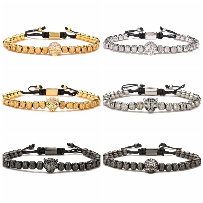 Beaded Bracelet Copper Alloy Leopard Skull Wolf Crown Cross Adjustable Braided Rope Cubic Zirconia Punk Hip Hop Men