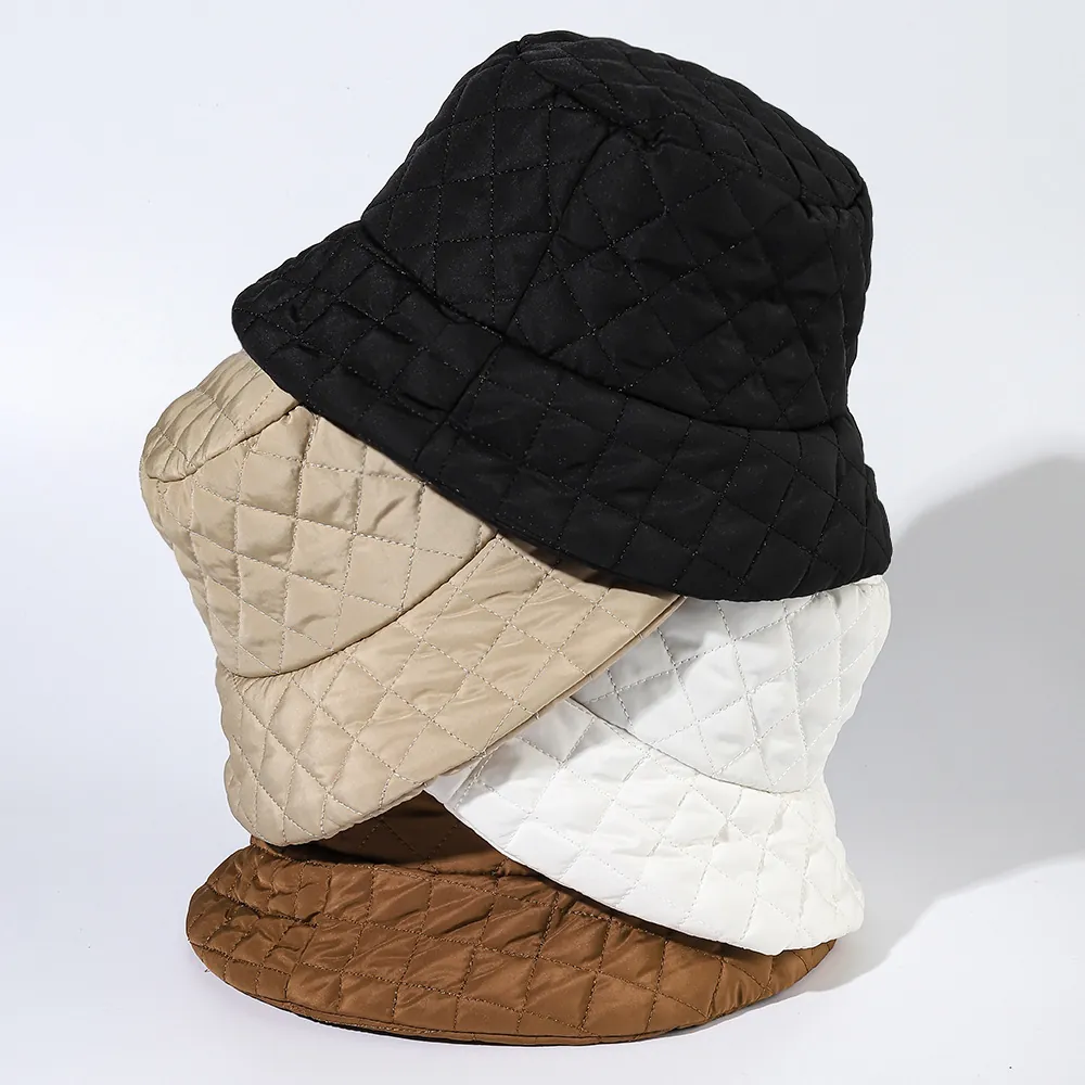 Diamond Quilted Bucket Hat For Women Winter Warm Padded Cotton Polyester Solid Color Windproof Adjustable Basin Cap