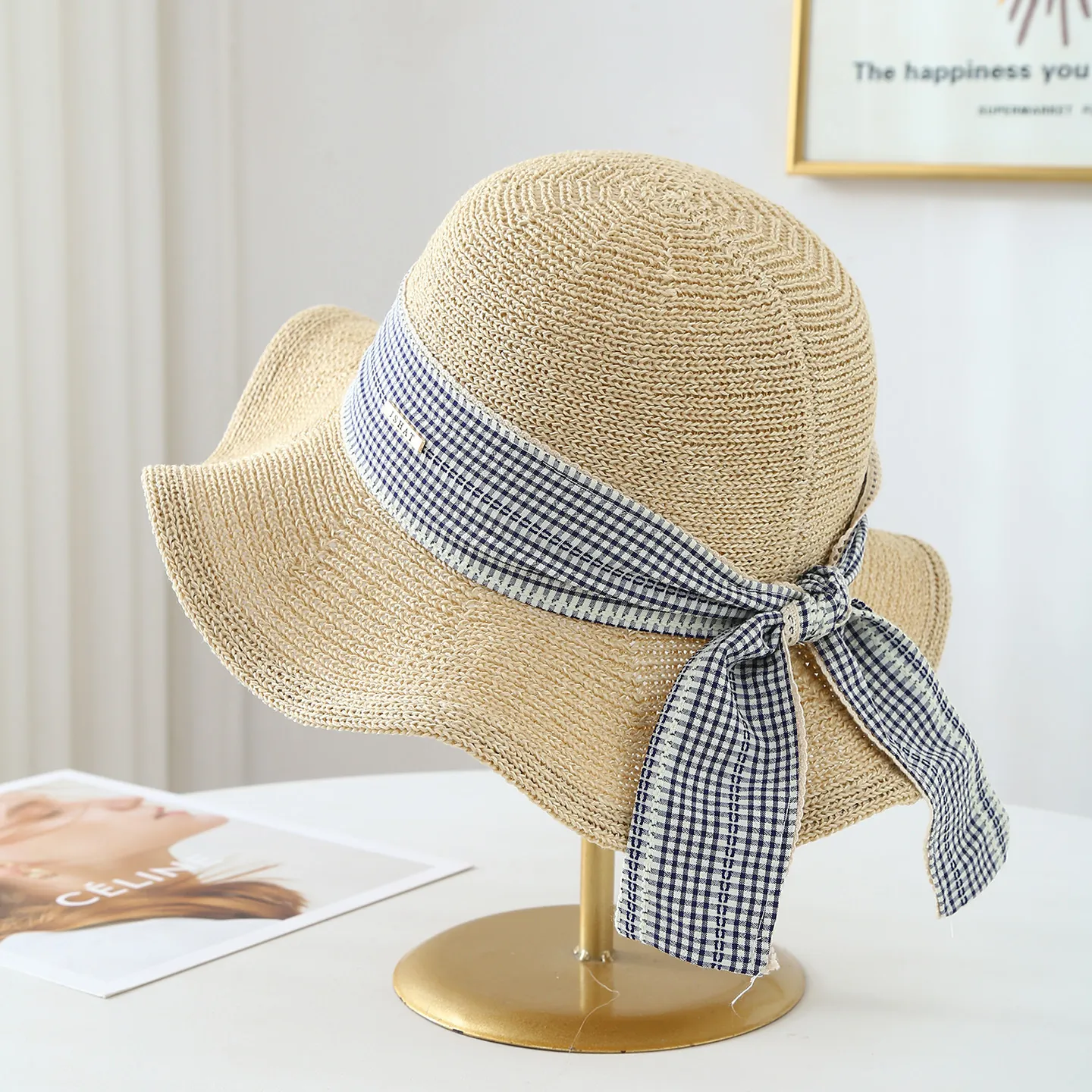 Women Straw Sun Hat Woven Wide Brim Wavy Edge Elegant Bowknot Ribbon Summer Beach Breathable Sunshade