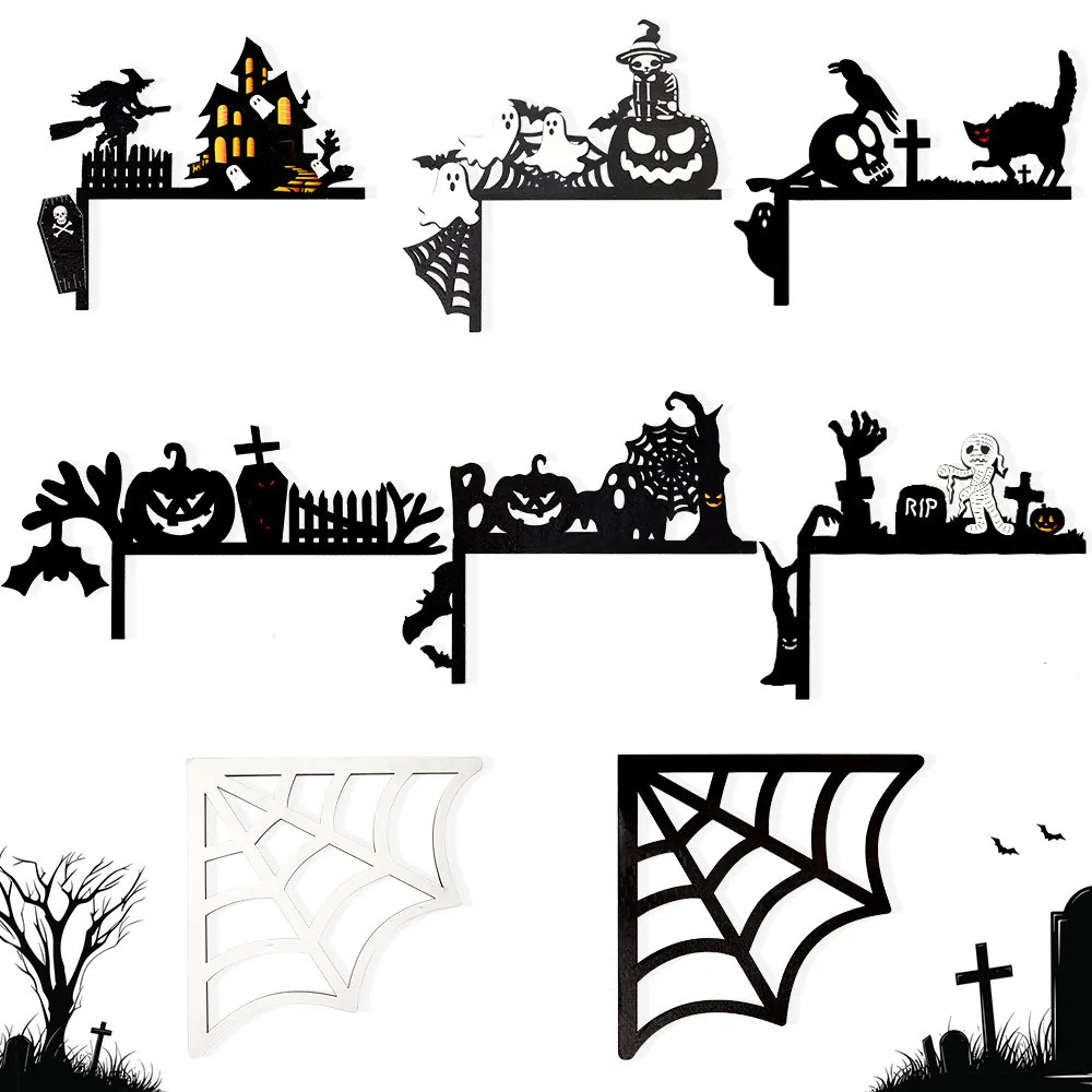 Decorazione Angolo Porta Halloween Legno Silhouette Spaventosa Zucca Strega Fantasma Ragnatela Pipistrello Cornice Festa Casa