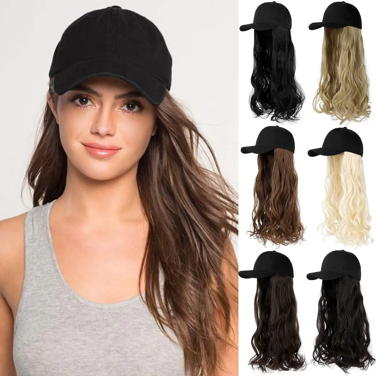 Integrated Baseball Cap With Long Wavy Wig Synthetic High Temperature Fiber Hair Extension For Women Fashion Daily Use