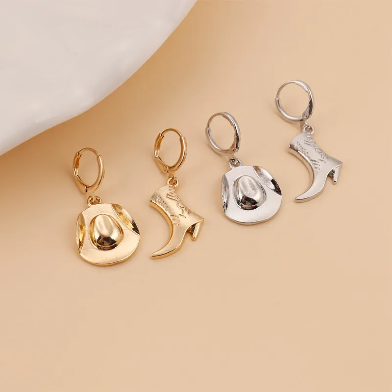 Western Cowboy Hat And Boot Asymmetric Hoop Earrings And Necklace Alloy Vintage Personalized Jewelry For Women