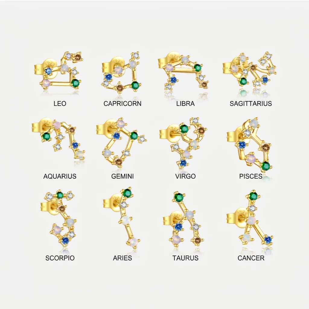 925 Sterling Silver Constellation Stud Earrings Multicolor Zirconia Astrology Zodiac Signs Gold Plated Ear Jewelry For Women