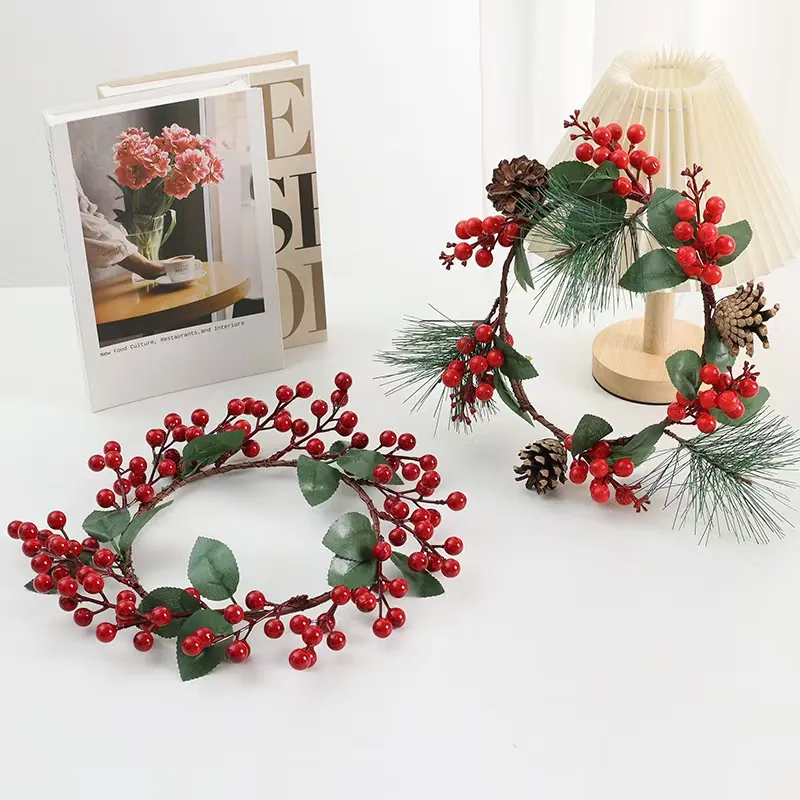 Artificial Christmas Berry Wreath With Green Pine Needles And Pinecones For Front Door Wall Hanging Holiday Home Decor