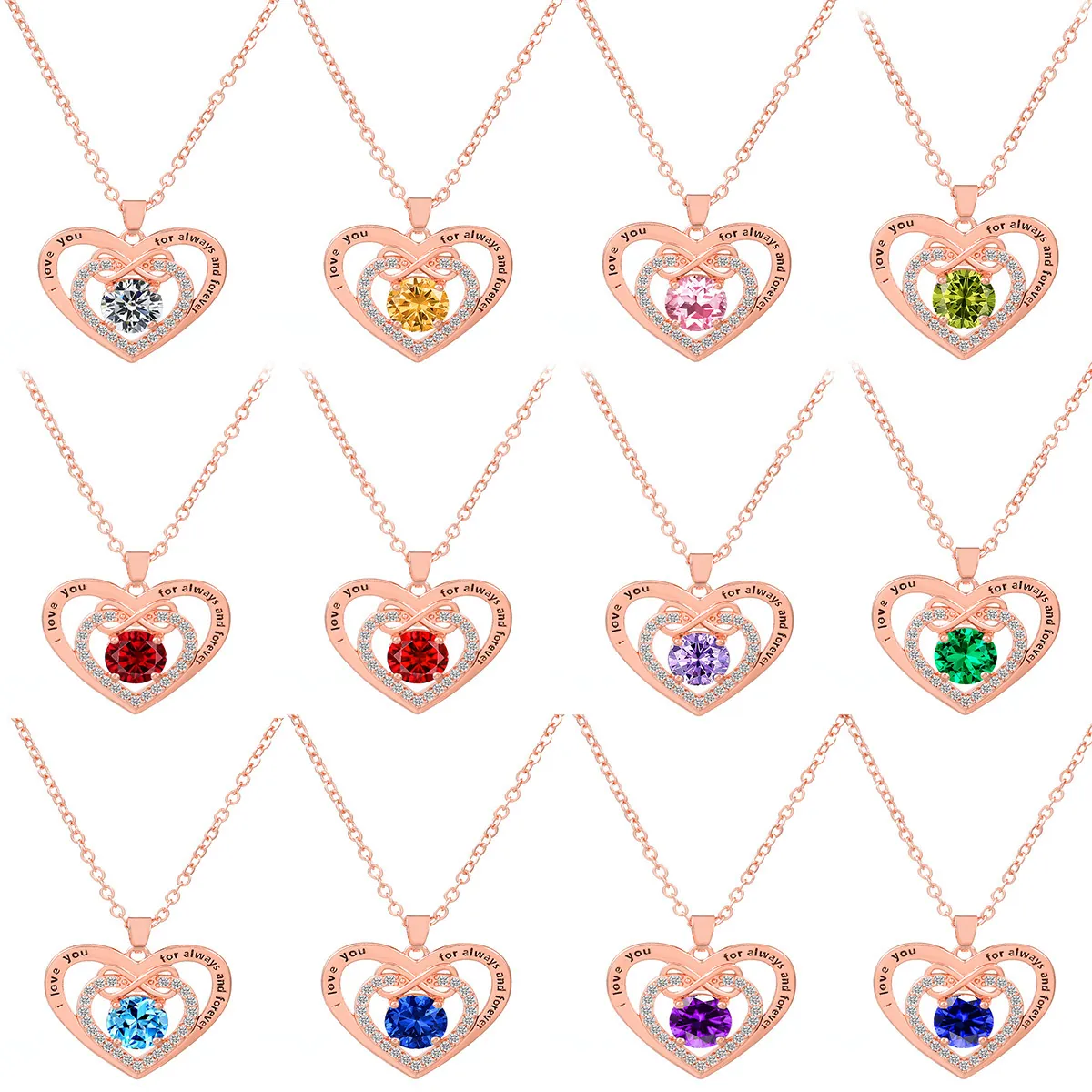 Collier Pendentif Cœur en Alliage Plaqué Or Rose Avec Symbole de l'Infini Zircone Colorée Gravé I Love You Bijoux Pour Femmes