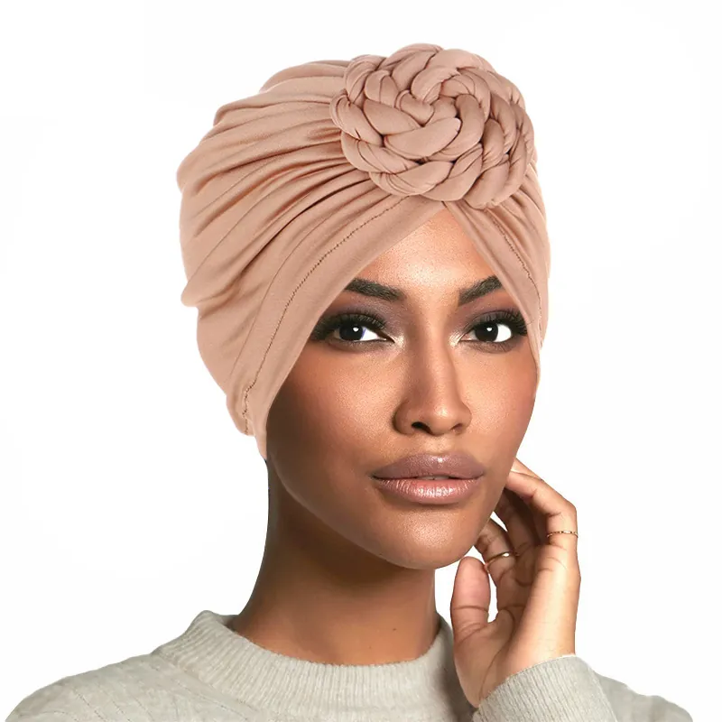 Women Braided Turban Hat Solid Color Elastic Polyester Head Wrap With Flower Knot Fashion Ethnic Style Headwear Accessories