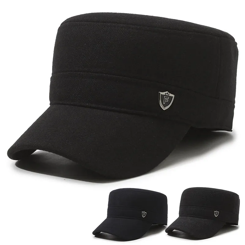Woolen Cadet Cap Men Winter Warm Fleece Lined Military Hat With Foldable Ear Flaps Adjustable Metal Badge