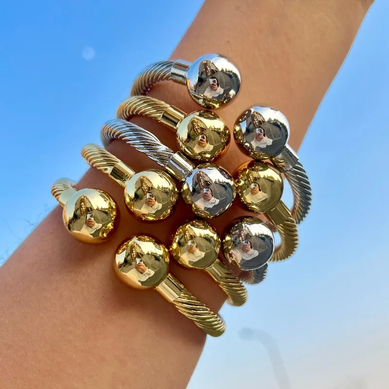 Twisted Cable Cuff Bracelet 18K Gold Plated Stainless Steel Open Bangle With Polished Ball Ends For Women