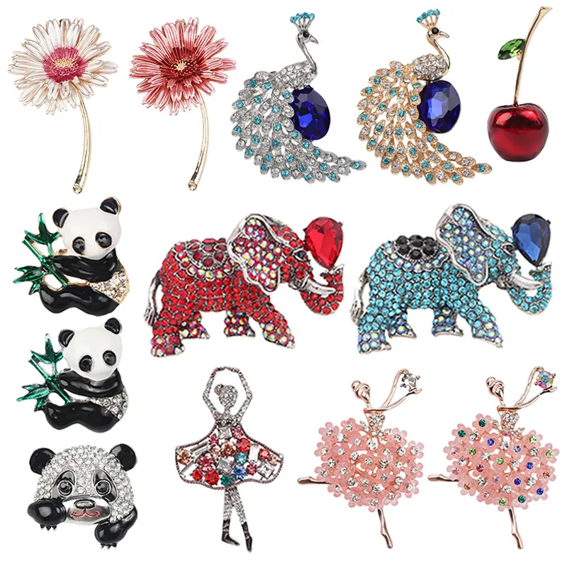 Enamel Alloy Brooches Pin Animal Floral Panda Elephant Daisy Cherry Rhinestone Inlaid Suit Accessories Men Women
