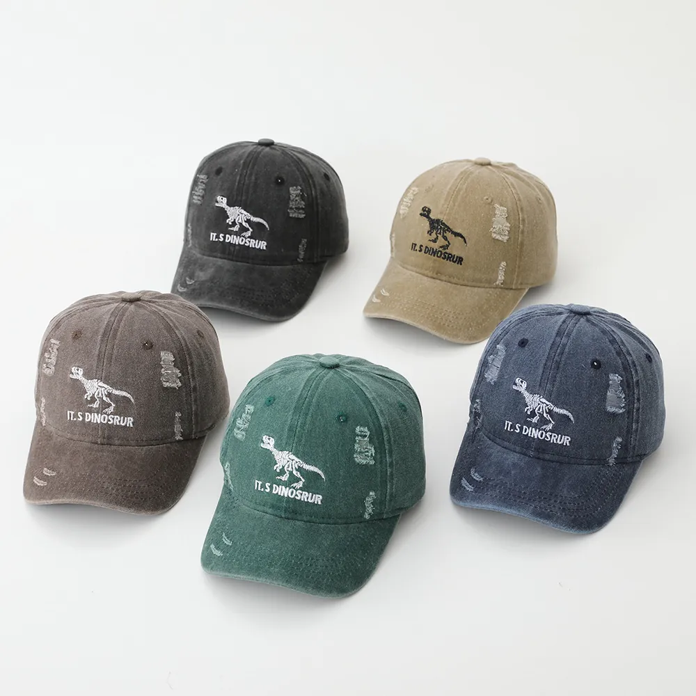 Kids Baseball Cap Washed Cotton Dinosaur Skeleton Embroidery Distressed Vintage Sun Hat For Boys Adjustable