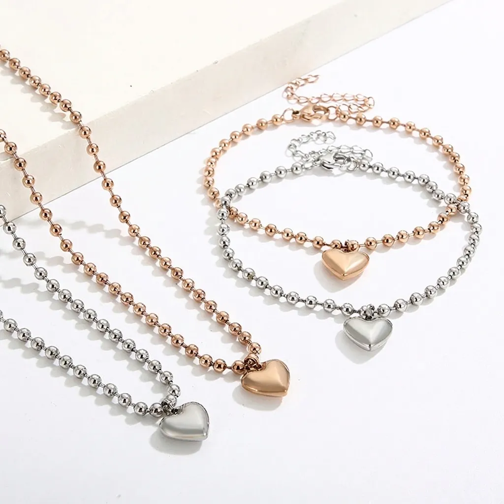 Collier Bracelet Pendentif Cœur Acier Inoxydable Plaqué Or 18K Élégant Minimaliste Chaîne À Billes Bijoux Pour Femmes