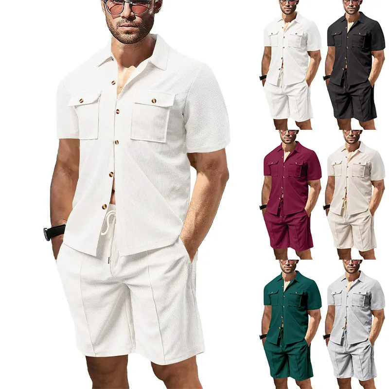 Hombre Verano Casual Gofre Punto Poliéster Camisa Manga Corta Y Pantalones Cortos Con Cordón Color Sólido Transpirable