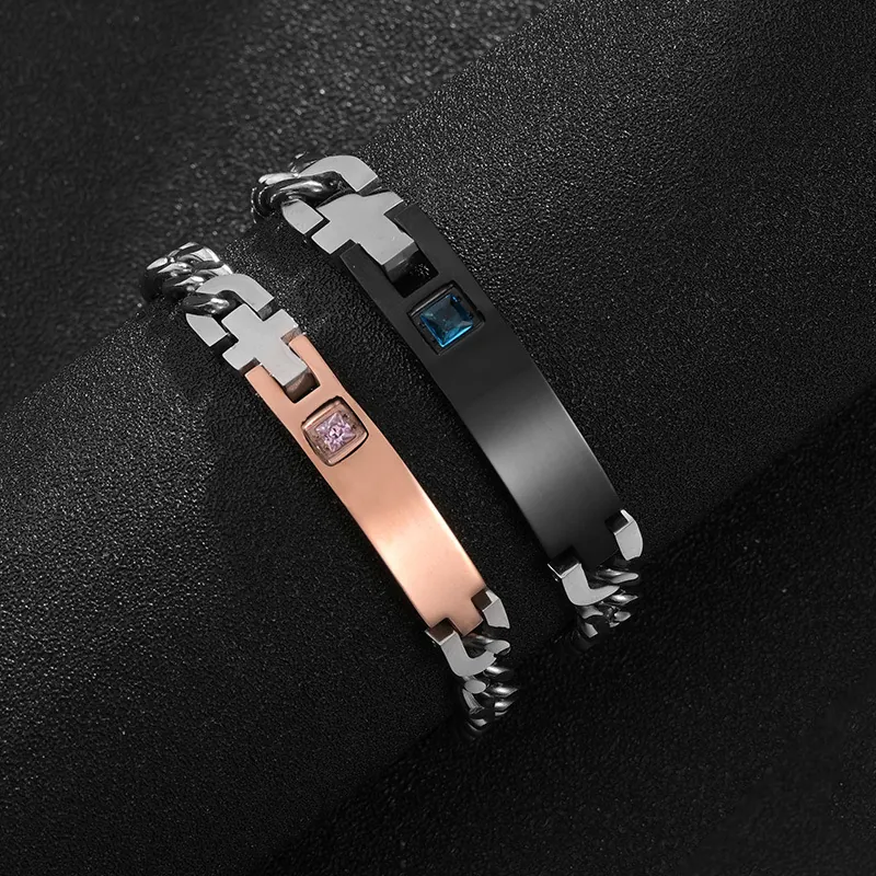 Bracelet De Couple Croix En Acier Inoxydable Gourmette Incrustée De Zircon Carré Bijoux Punk Mode Pour Hommes Et Femmes