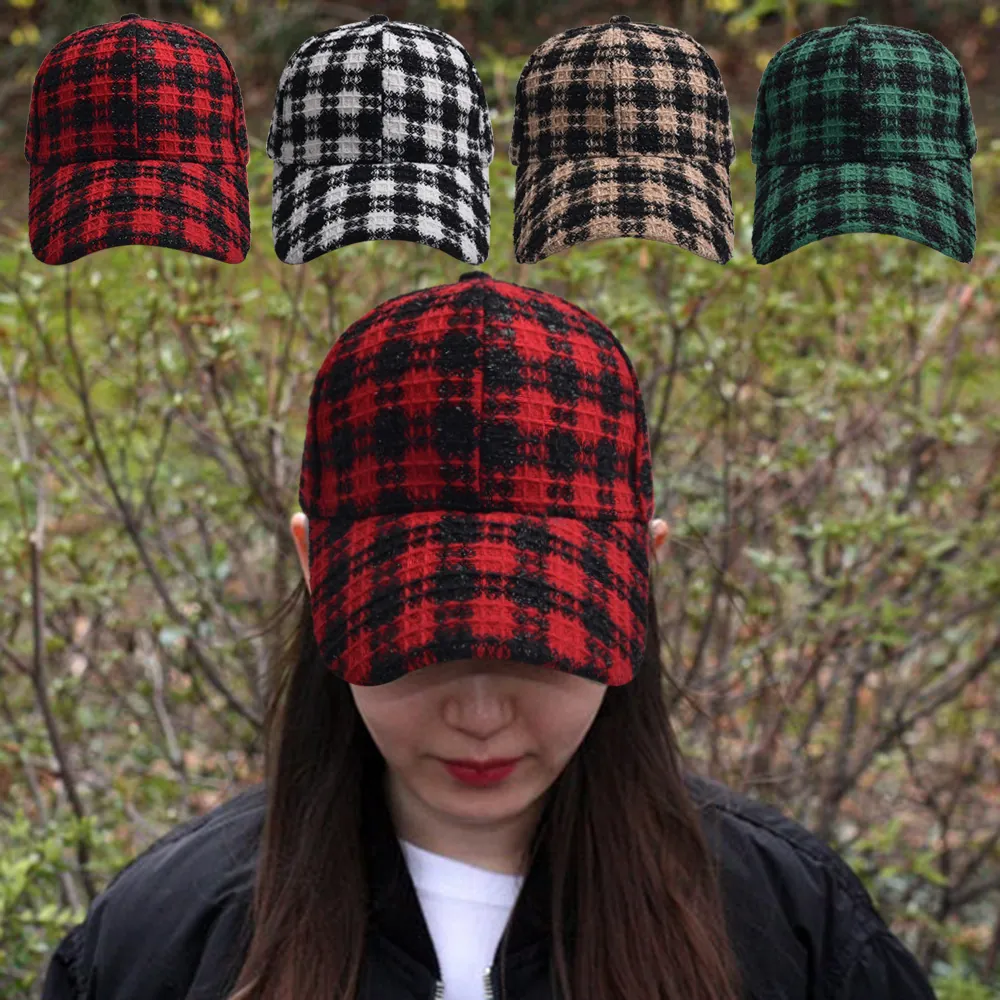 Retro Houndstooth Plaid Baseball Cap Tweed Fabric Warm Autumn Winter Outdoor Adjustable Hat For Men Women