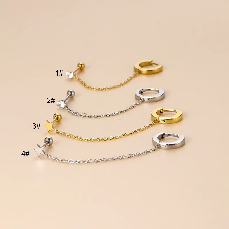 Edelstahl Kette Verbunden Stecker Und Reifen Ohrringe Für Damen Strass Stern Ohrring Knorpel Piercing Mode Schmuck