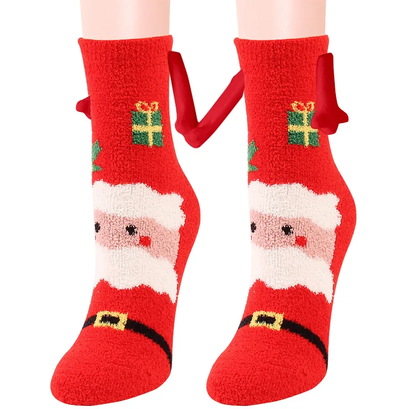 Calze Natalizie in Pile Corallo da Donna Calze Pelose di Peluche Carino Cartone Animato Babbo Natale Renna Motivo Invernale Caldo Calze Termiche