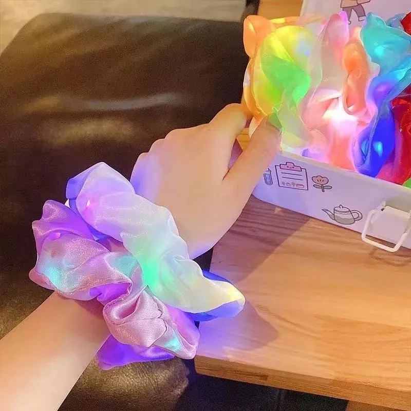 LED Luminous Satin Scrunchies Glowing Elastic Hair Ties For Party Night Club Adjustable Lighting Modes Neon Headwear