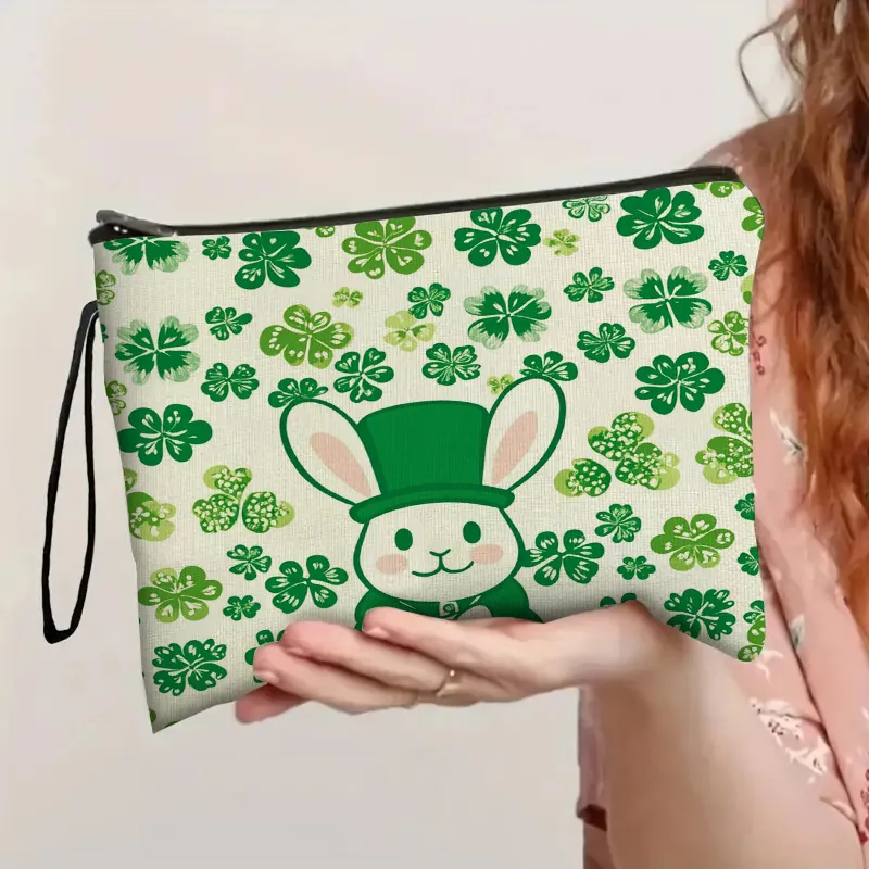 Trousse De Maquillage Saint Patrick Lin Pochette Cosmétique Fermeture Éclair Dragonne Motif Trèfle Vert Lapin Organisateur