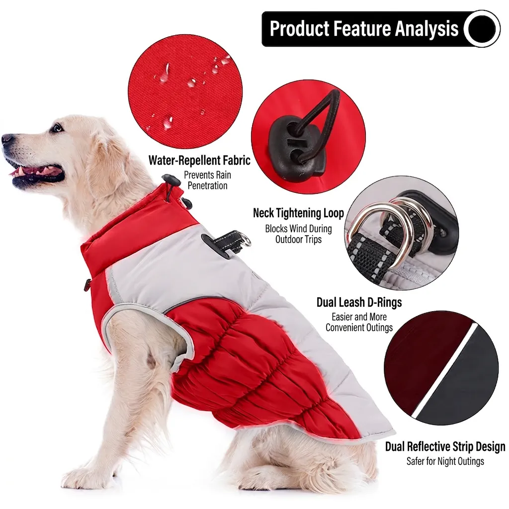 Dog Winter Coat Waterproof Quilted Cotton Warm Jacket Reflective With D-Ring For Medium Large Dogs Outdoor