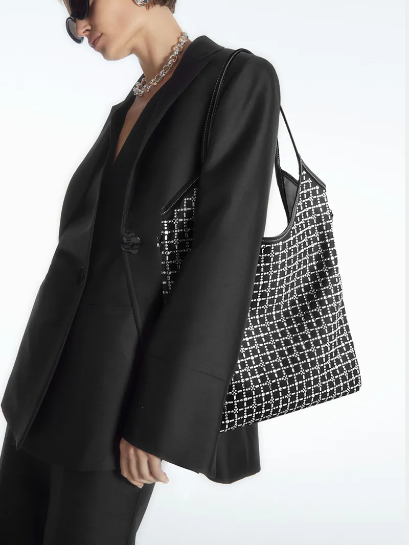 Rhinestone Grid Tote Bag And Pouch Nylon Large Capacity Shoulder Bag Evening Handbag For Women Fashion