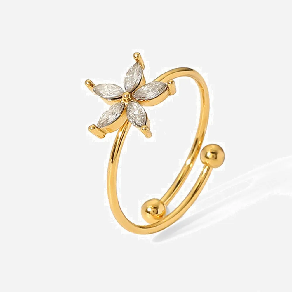 Anello Aperto Fiore Retro Francese Acciaio Inossidabile Placcato Oro 18K Zircone Marquise Gioielli Vintage Regolabili Per Donne