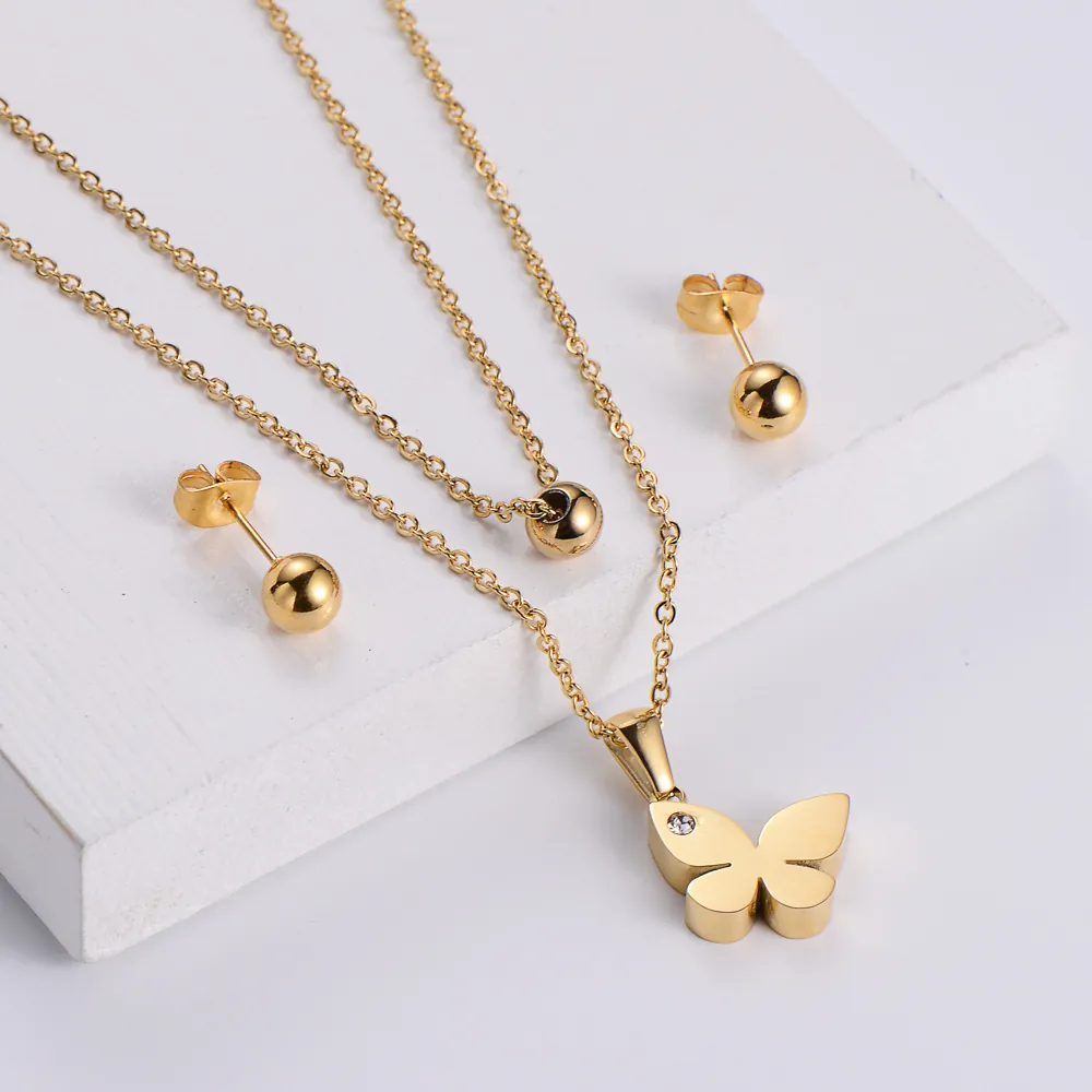 Butterfly Pendant Double Layer Necklace And Ball Stud Earrings Jewelry 316 Titanium Steel Rhinestone Women Minimalist