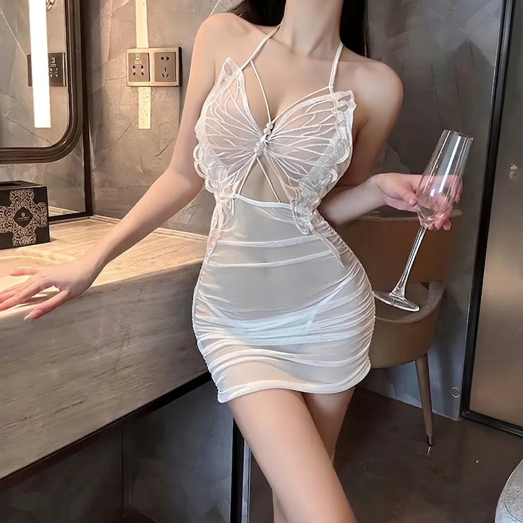 Damen Schmetterling Netz Lingerie Nachthemd Halter Rückenfrei Durchsichtig Plissee Schlafanzug Mit Künstliche Perlendekor Sexy Romantisch