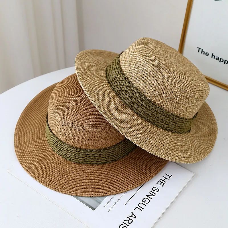 Chapeau Canotier Femmes Été Plage Chapeau Soleil Paille Papier Large Bord Sommet Plat Respirant Chapeau Voyage Extérieur Bande Verte