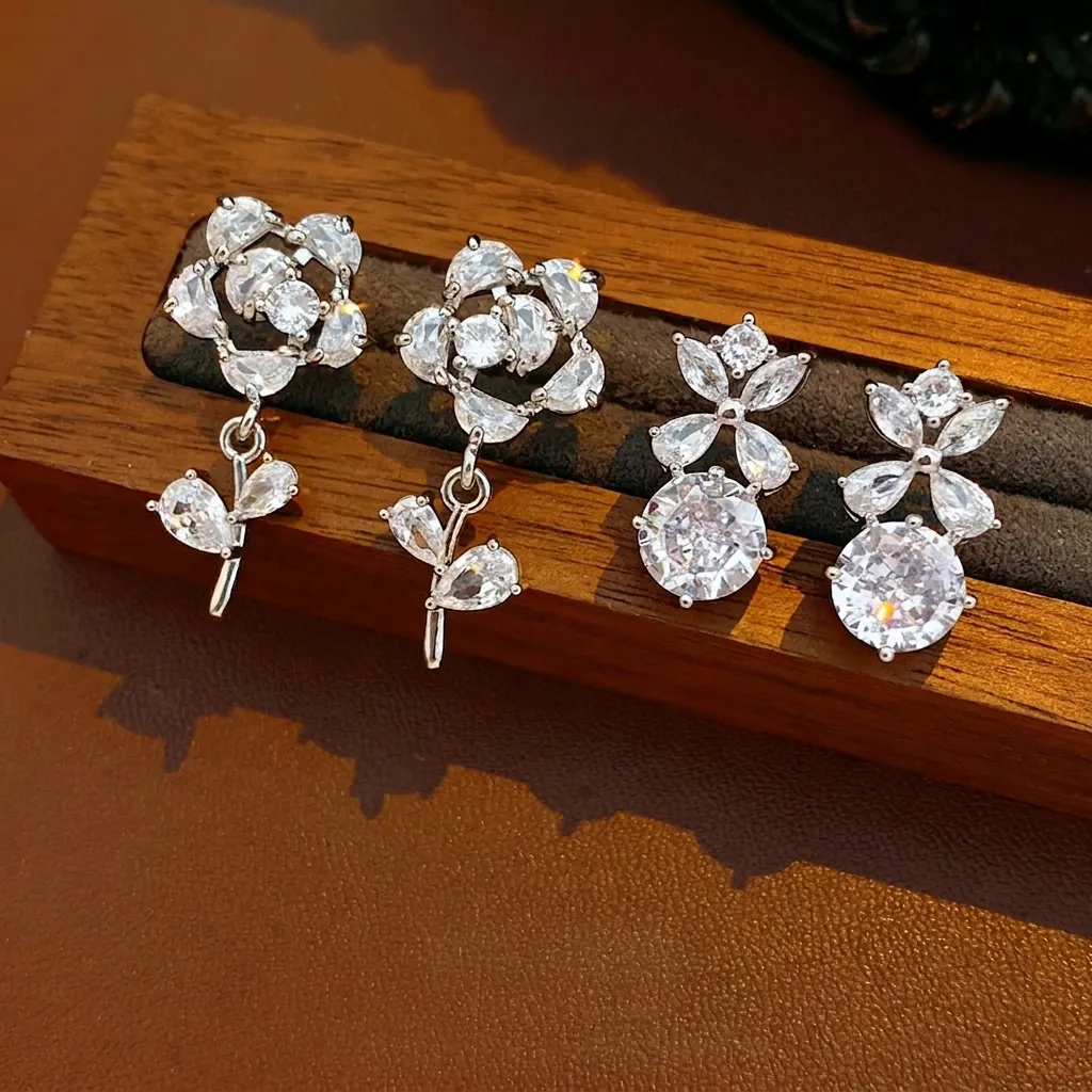Boucles D'oreilles Fleur Rose Pour Femmes Cuivre Incrusté De Zircone Avec Silver Earring Post Élégant Bijoux