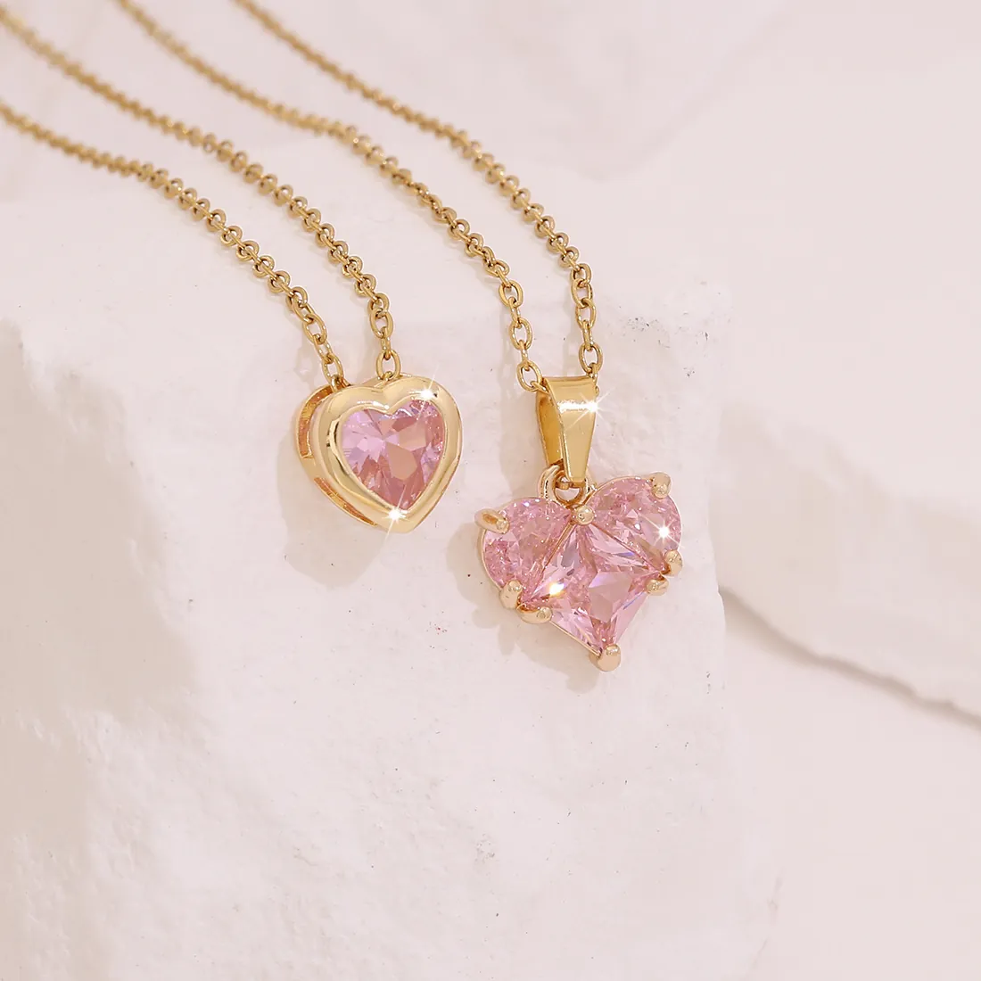 Heart Pendant Necklace Gold Plated Stainless Steel Pink Zircon Small Design Clavicle Chain For Women Fashionable Jewelry