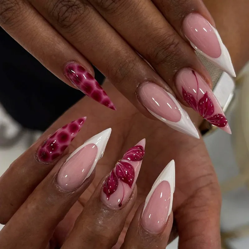 Long Almond Wine Red Marble Press On Nails Pink Floral Relief Glossy Fake Nails With Jelly Glue For Women Manicure Decor