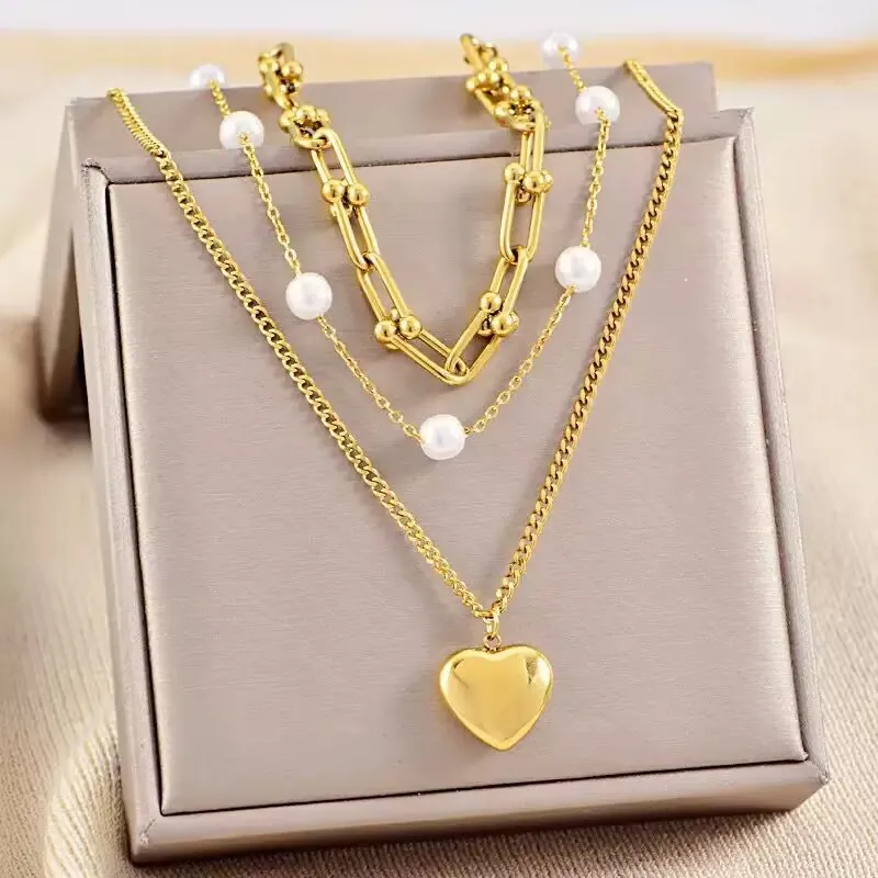 Multi-Layer Edelstahl Halskette Für Damen Herzanhänger Kunstperle U-Link Kette Retro Modeschmuck