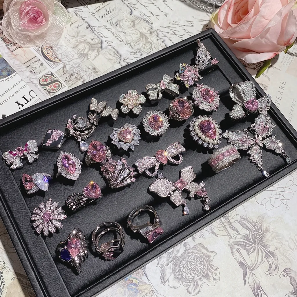 Luxury Pink Heart Bow Knot Copper Ring For Women Sparkling Inlaid Rhinestone Elegant Floral Butterfly Fashion Jewelry Romantic Adjust Open Ring