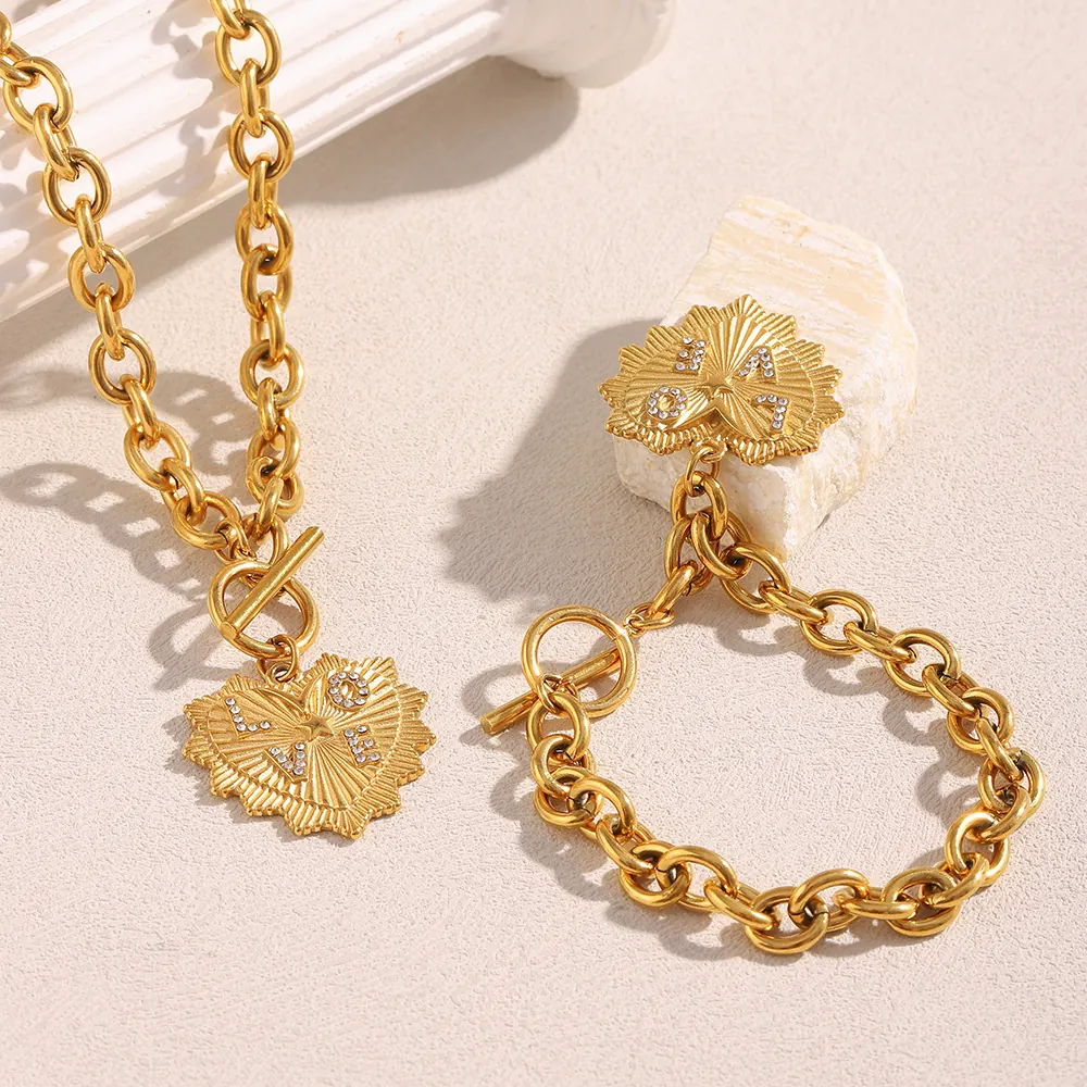 Collier Et Bracelet Pendentif Coeur Acier Inoxydable Plaqué Or 18K Inscription LOVE En Strass Grosse Chaîne O Rétro