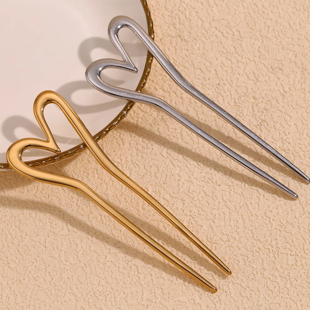 Minimalist Heart Hair Stick Stainless Steel 18K Gold Plated Double Prong Elegant Hairpin Headwear For Women