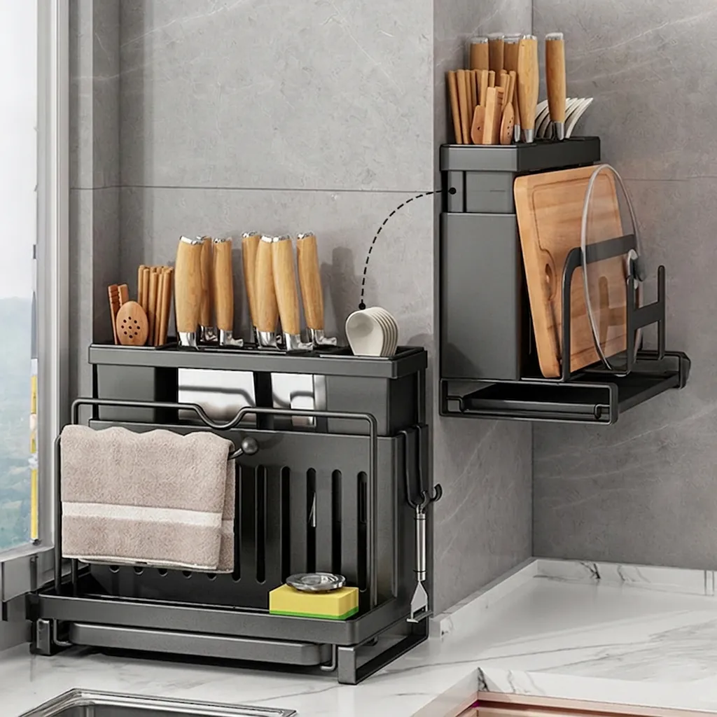 Multifunctional Kitchen Organizer Rack Carbon Steel Knife Holder Pot Lid Cutting Board Stand Countertop Wall Mounted Drainage