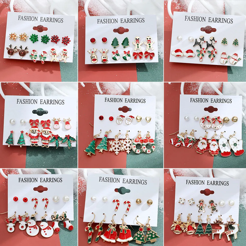 Set di 6 Paia di Orecchini a Bottone Natalizi per Donna in Lega Smaltata Babbo Natale Renna Albero di Natale Strass Perla Gioielli Festivi Regalo