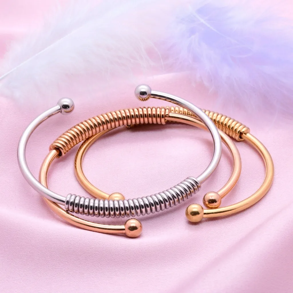 Stainless Steel Open Bangle Spring Coil Design Adjustable Minimalist Cuff Bracelet With Round Ball Ends For Women