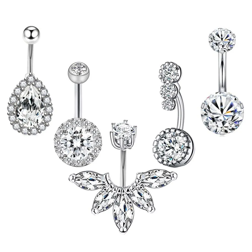Piercings de Nombril en Acier Inoxydable avec Strass Bijoux de Corps de Luxe pour Femmes Argent Or Rose