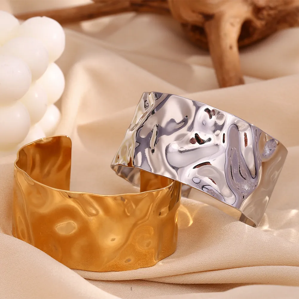 Modern Stainless Steel Hammered Texture Open Cuff Bangle For Women Exaggerated Geometric Irregular Wave Wide Bracelet Jewelry