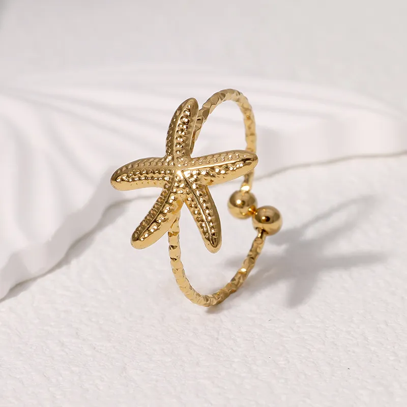Starfish Ring Stainless Steel Adjustable Open Sea Star Dainty Beach Jewelry For Women