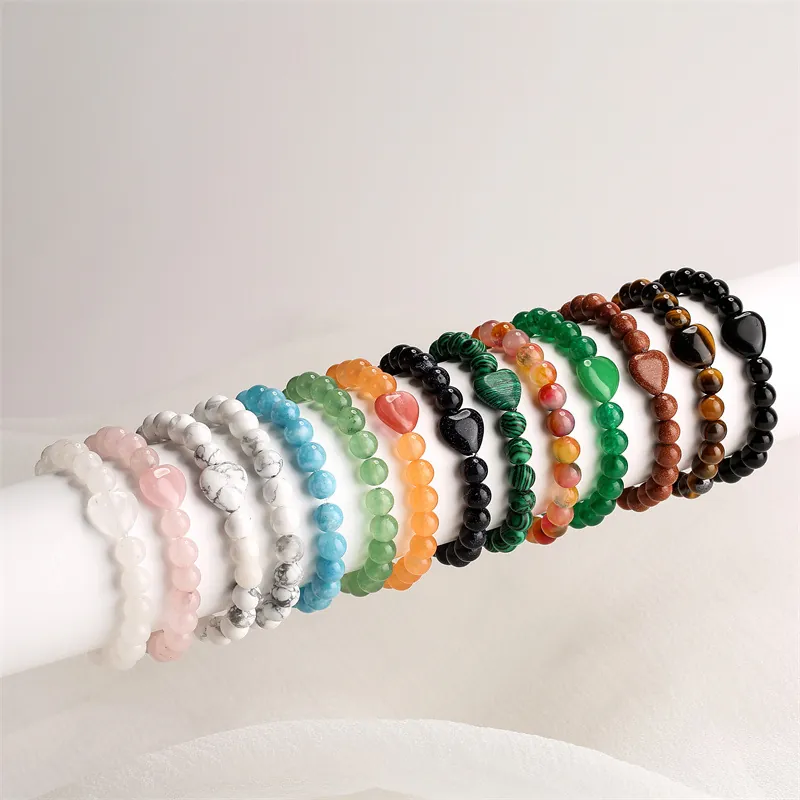 Bracciale Con Perline In Pietra Naturale A Forma Di Cuore Occhio Di Tigre Agata Quarzo Gioielli Elastici Unisex Regalo