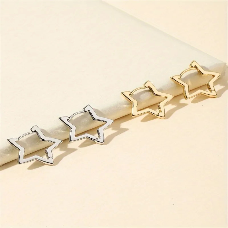 Minimalist Alloy Hollow Star Huggie Hoop Earrings For Women Gold Silver Geometric Star Dainty Chic Fashion Jewelry Accessory