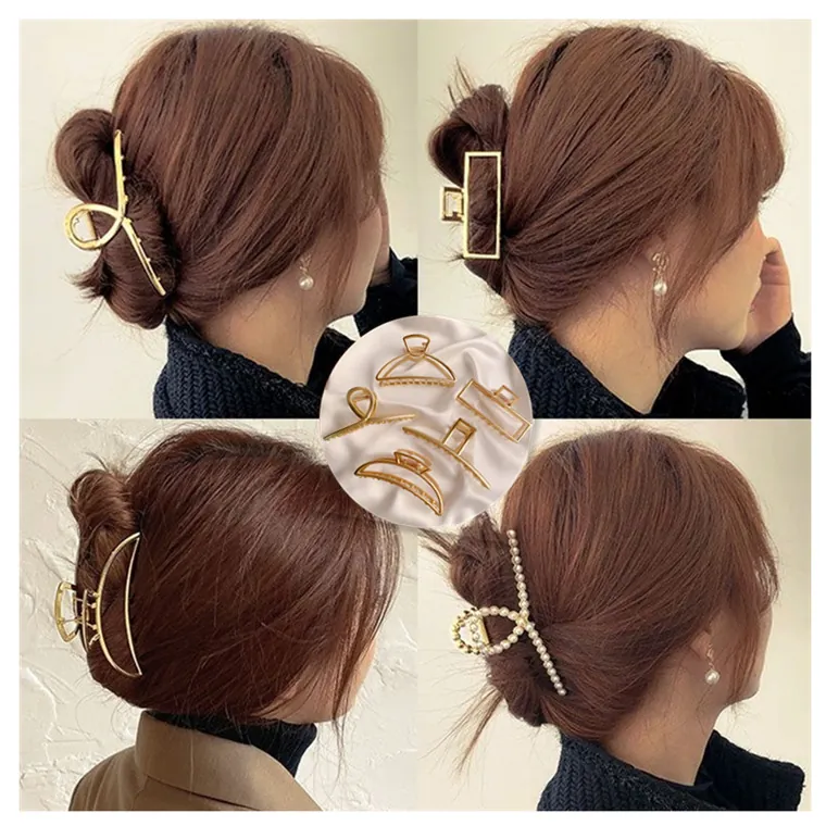 Metal Hair Claw Clip Large Alloy Shark Clip French Retro Matte Gold Geometric Mermaid Tail Moon Artificial Pearl Decor For Women