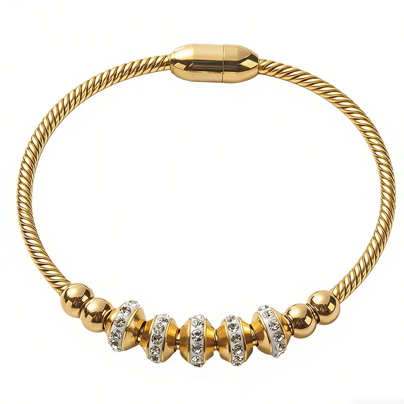 French Style Stainless Steel Beaded Rhinestone Bracelet For Women High-End Gold Magnetic Clasp Lucky Charm Bangle Jewelry