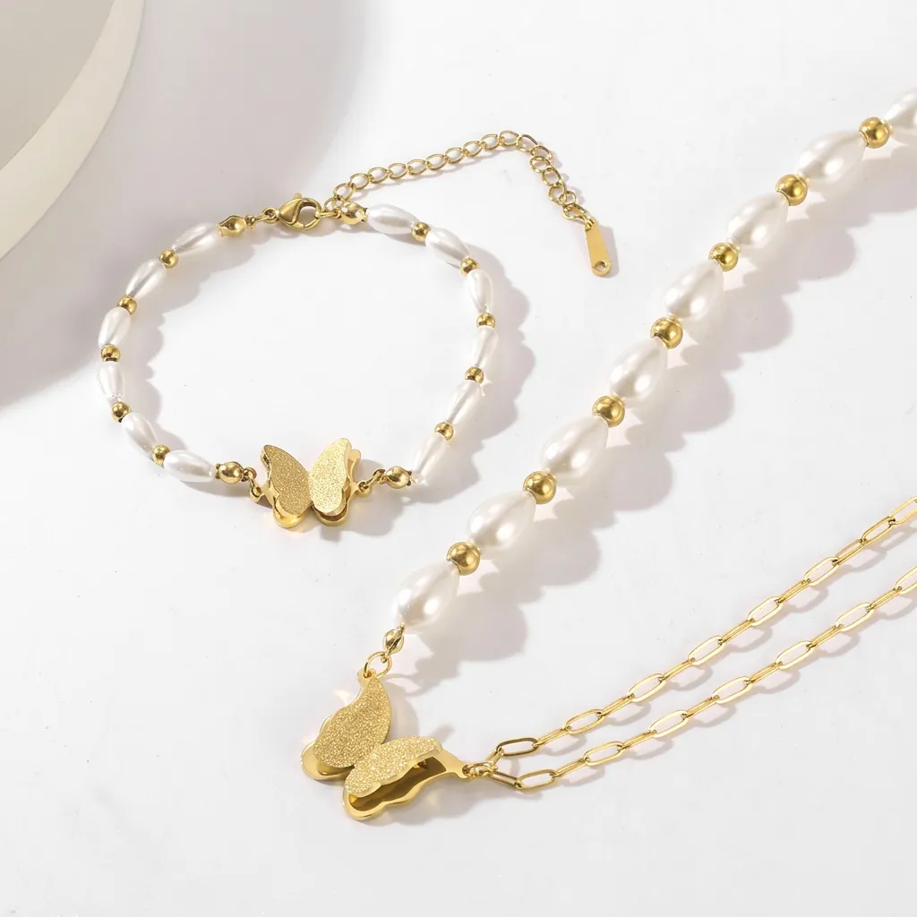 Schmetterling Anhänger Halskette Und Armband Edelstahl Künstliche Perlenimitat Asymmetrisch Mode Für Damen