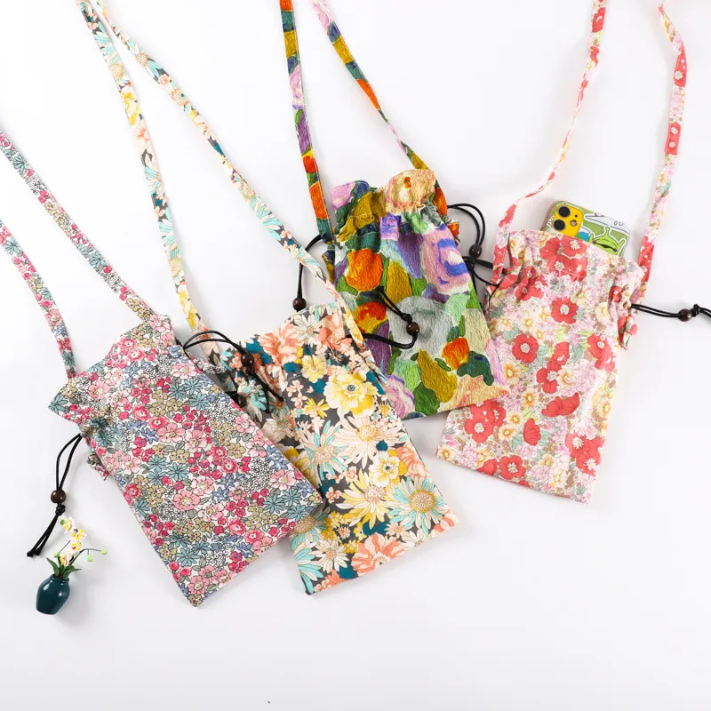 Borsa A Tracolla Per Cellulare In Cotone Floreale Con Coulisse E Perline Di Legno Piccola Borsa A Spalla Stile Vintage