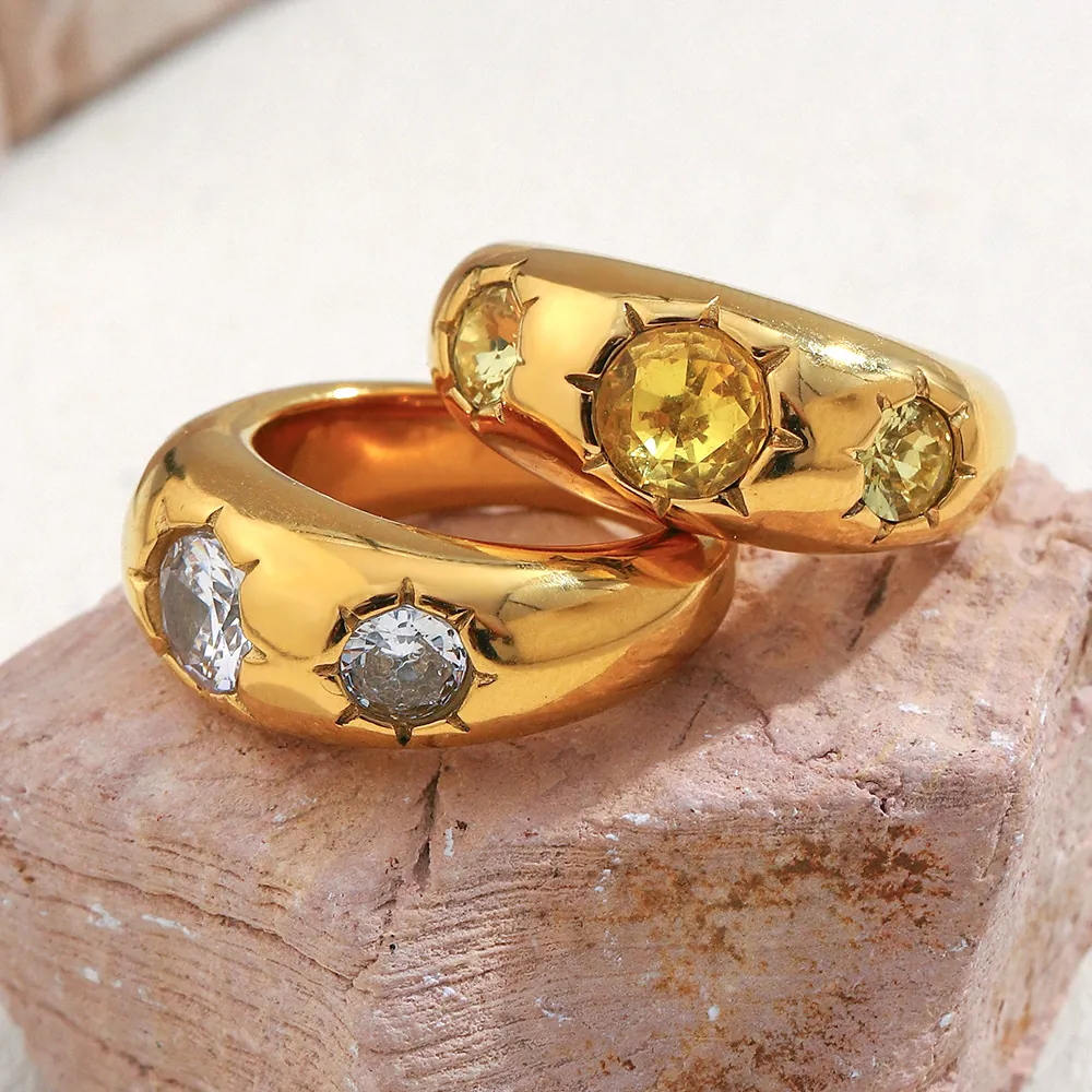 Chunky Dome Ring Stainless Steel 18K Gold Plated Zircon Starburst Setting Retro Vintage Jewelry For Women