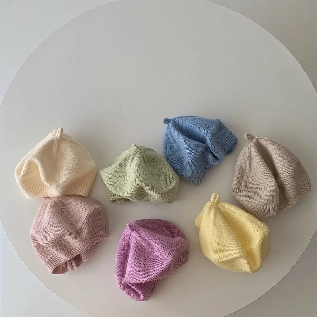 Kids Knitted Beret Hat Solid Color Warm Autumn Winter Fashion Painter Cap For Baby Toddler Boys Girls Headwear Accessories