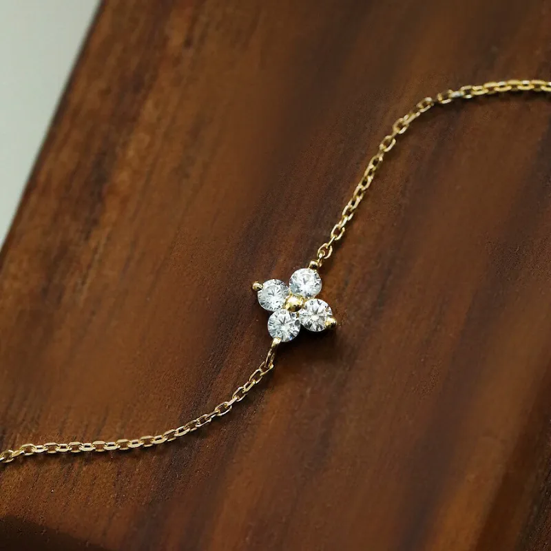 925 Sterling Silver Four Leaf Clover Bracelet For Women With Zircon 14K Gold Plated Elegant Thin Chain Jewelry